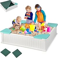 Vista 13 de HONEY JOY - Arenero con cubierta, caja de arena cuadrada de 47 x 47 pulgadas para el patio trasero, forro Oxford con drenaje en la parte inferior