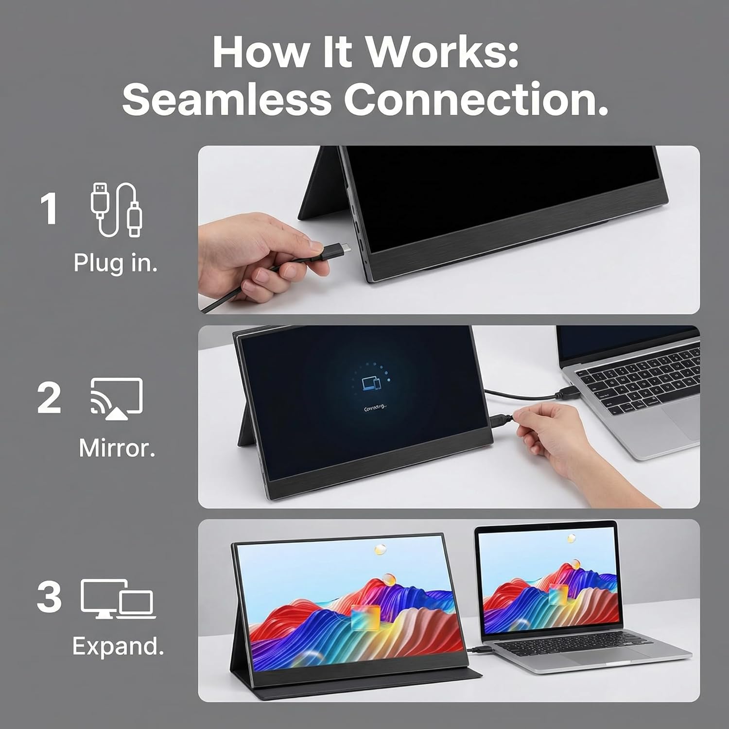 17.3" Full HD Portable Monitor, 1080P 60Hz External Display with USB-C/HDMI Ports, Plug-and-Play Second Screen for Laptops, Phones, Consoles