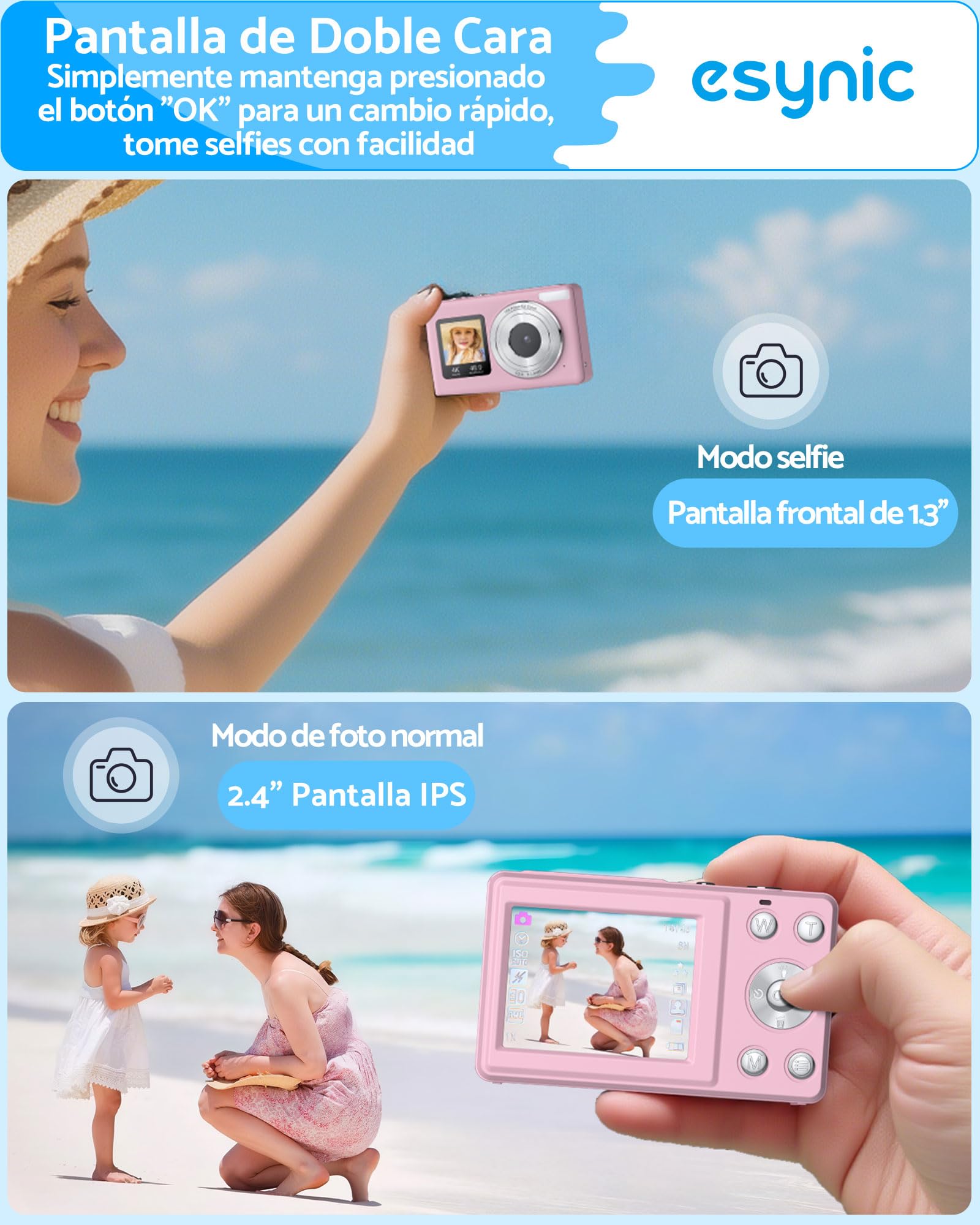 eSynic Cámara Fotos Infantil 4K 48MP con Tarjeta SD 32G, Zoom Digital 18X, Pantalla Dual para Selfies, Cámara Digital Compacta y Portátil para Niños y Principiantes, Ideal para Vlogging y Fotos