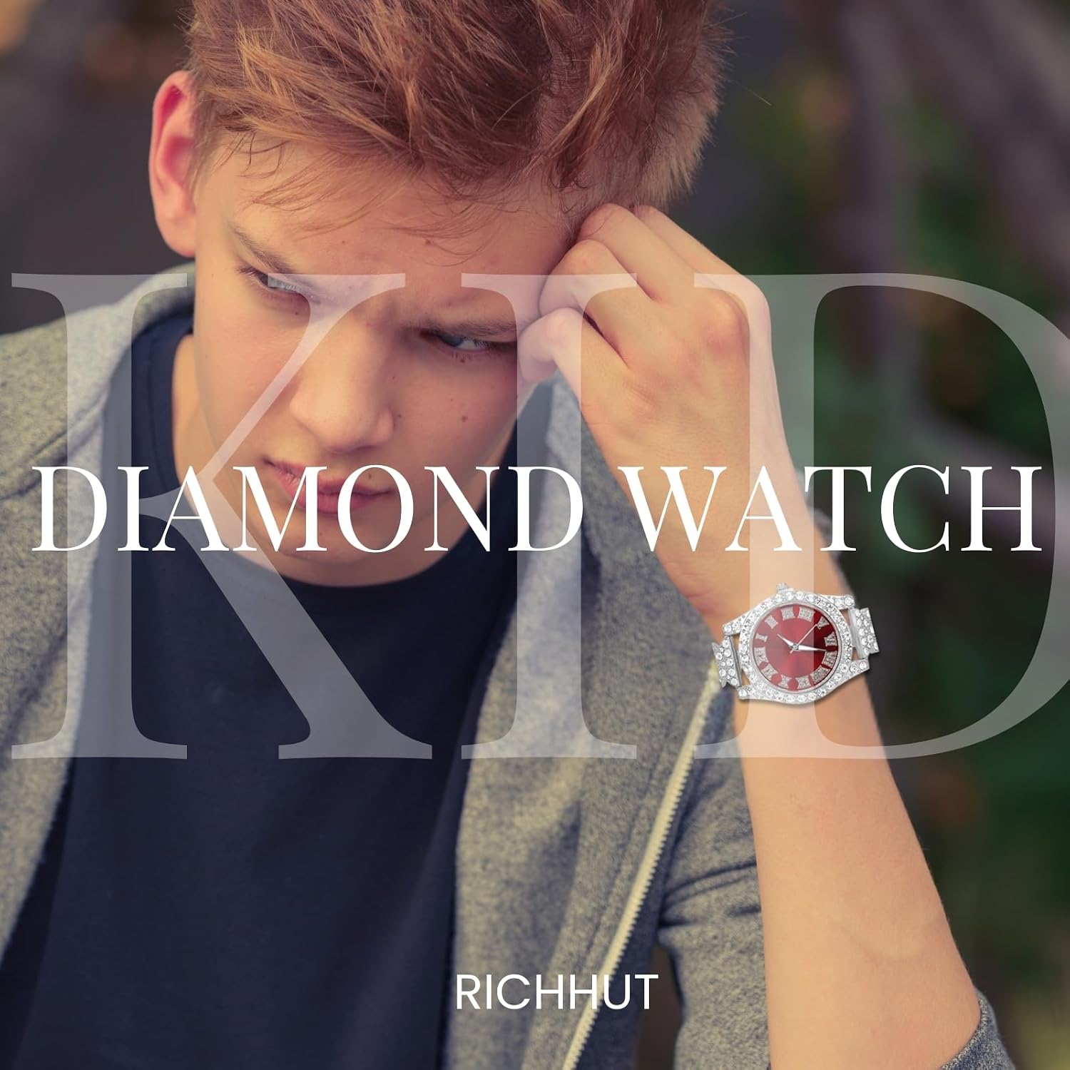 Luxury Diamond Watch for Kids Teen - Iced Out Bling 18K Real Gold/Platinum Plated - 37mm Round Multicolor Dial Strap 8" - Giftbox Included - Optional with Cuban Chain