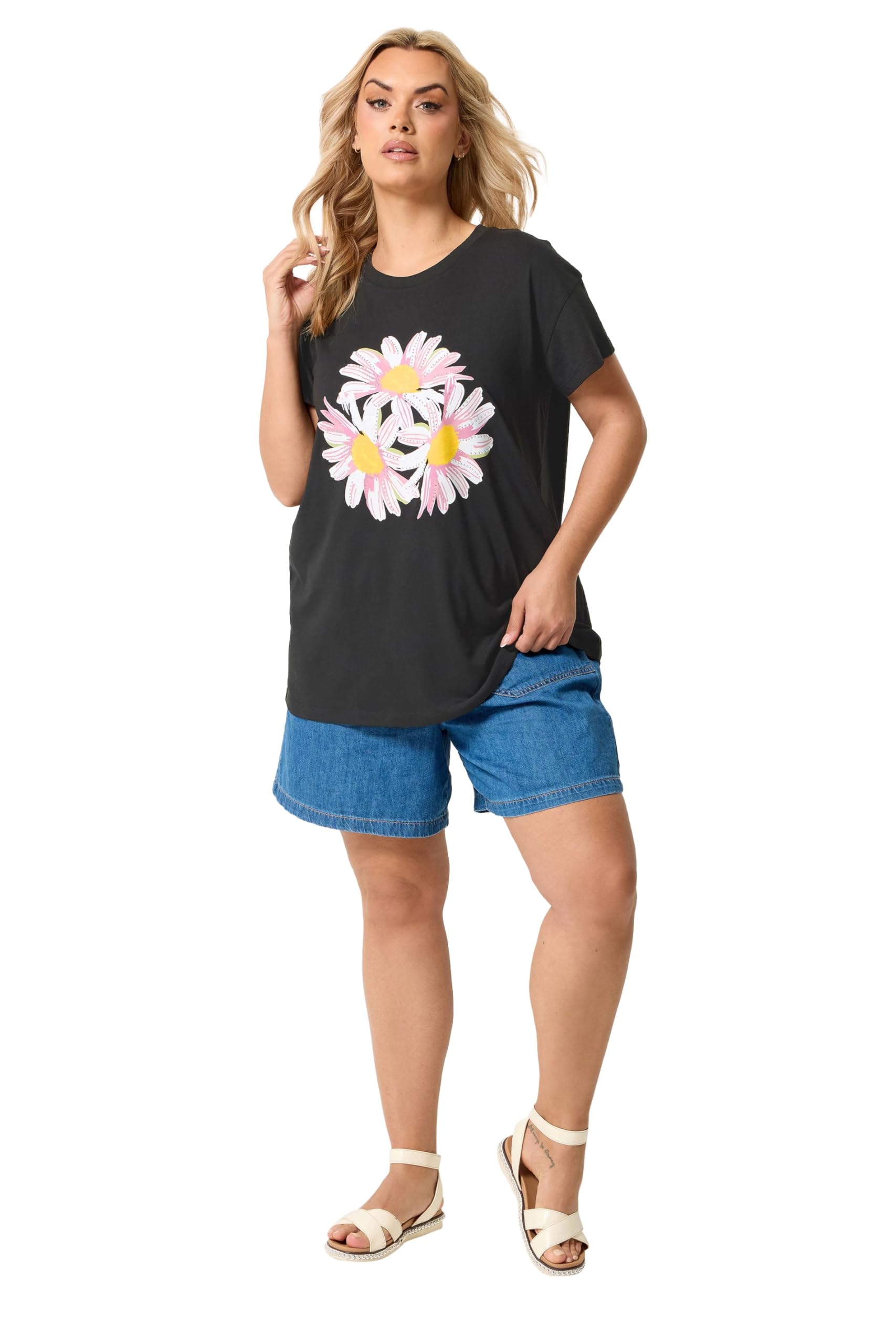 Yours Women's Black Daisy Stud Embellished T-Shirt In | : 30/32