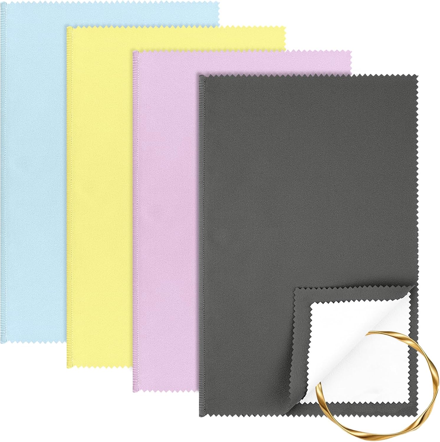 4PCS Silver Polishing Cloth, Large 10×12.5 Inch Soft Jewelry Polishing Cloth, Jewelry Cleaning Cloth for Sterling Silver Jewelry Gold, Platinum(Yellow, Blue, Purple, Gray)