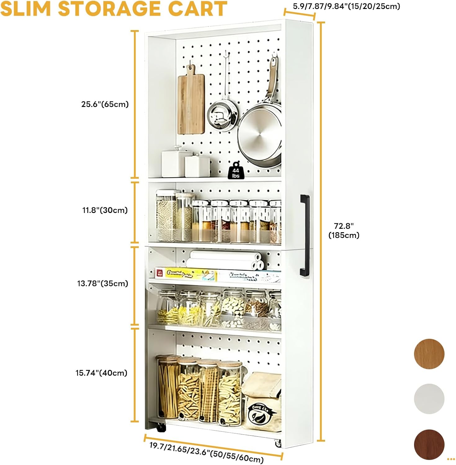 5-Tier Slim Rolling Storage Cart with Wheels, 72.8" H Utility Organizer & Adjustable Pegboard Shelves for Kitchen, Bathroom, Laundry, Pantry, Between Washer Dryer, Next to Frid White 23.6x7.87