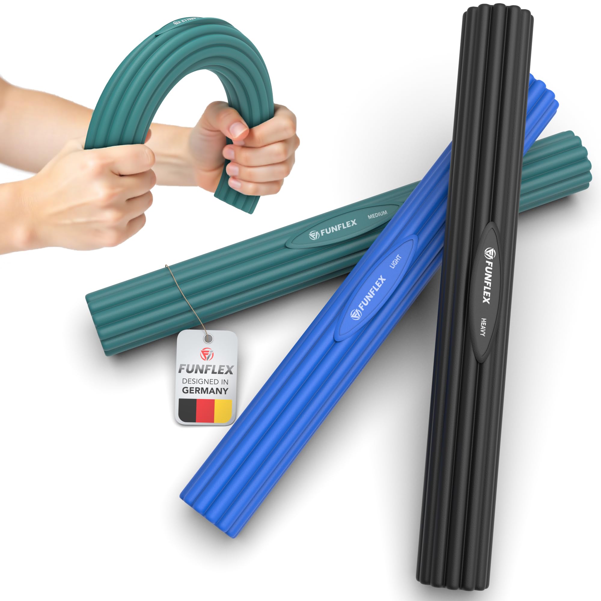 FUNFLEX Set 3 Flex Therapy Bar, 3 Livelli Resistenza, Bar Tennis Elbow, Allenamento Forza Presa, Barra Resistenza Fitness, Forza Avambraccio e Polso