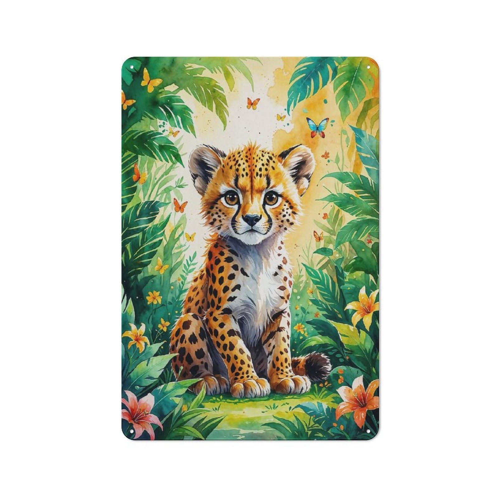 Junmoney Cute Cheetah Cub In Jungle Watercolor Retro Printed Metal Sign 30X20cm For Living Room Wall, For Home Interiors, Feature Walls And Decorative Displays