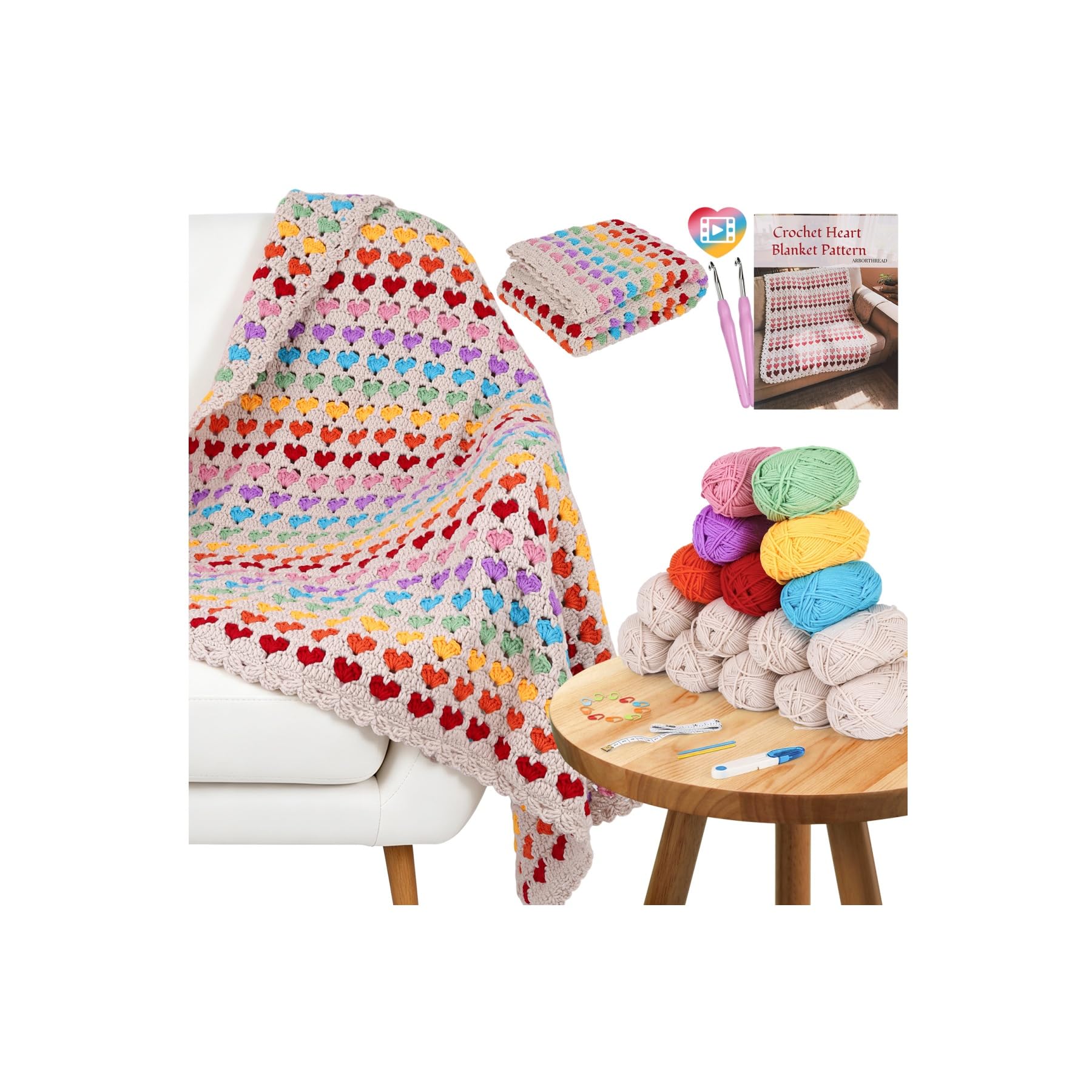 Arborthread Blanket Crochet Kit for Beginners, Crochet Heart Blanket Kit w/Premium Yarns, Detailed Video & Instructions for Adults & Kids – Featuring a Colorful Rainbow Heart Pattern and Edging