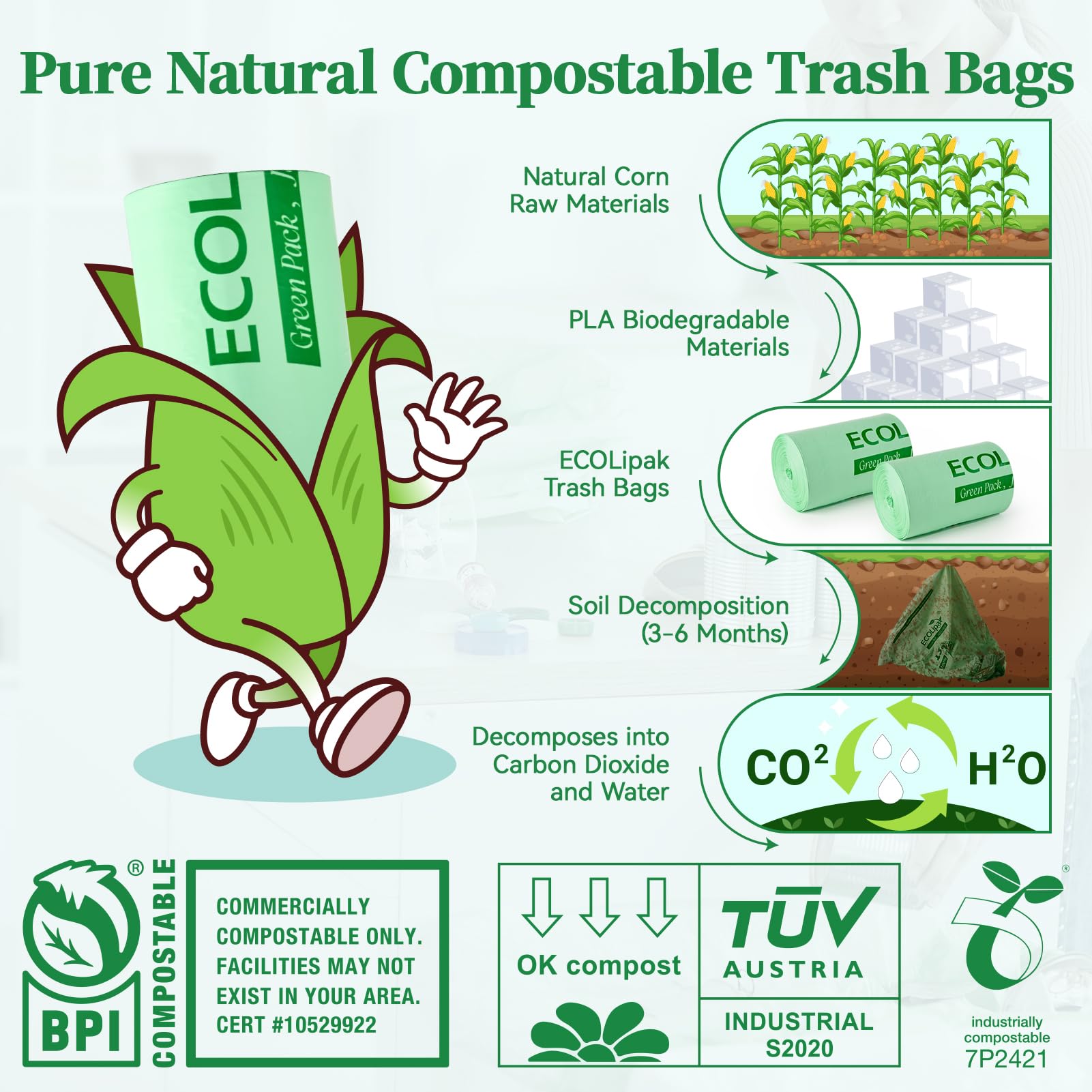 ECOLipak Bolsas de basura compostables de 13 galones, 50 unidades (1 rollo), biodegradables, resistentes, para baño, cocina, hogar, oficina, certificación BPI ASTM D6400 y OK Compost Home