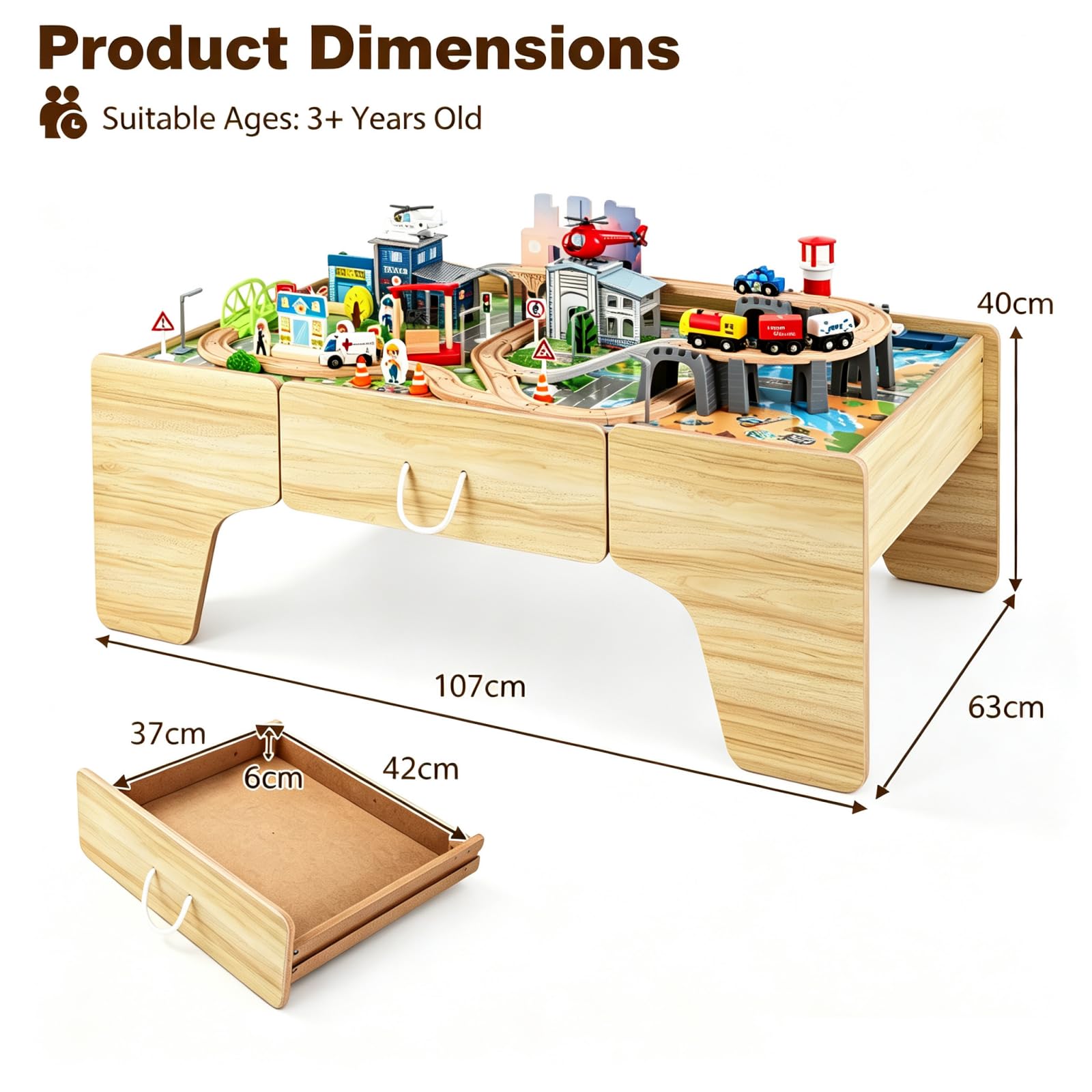 LIFEZEAL Tavolo Attività in Legno per Bambini, con Set di Trenino 110 pz | Tavolino Montessori da Gioco e Studio con Cassetto e Piano Reversibile e Rimovibile, con Binari, Veicoli e Mappa, 3+ Anni