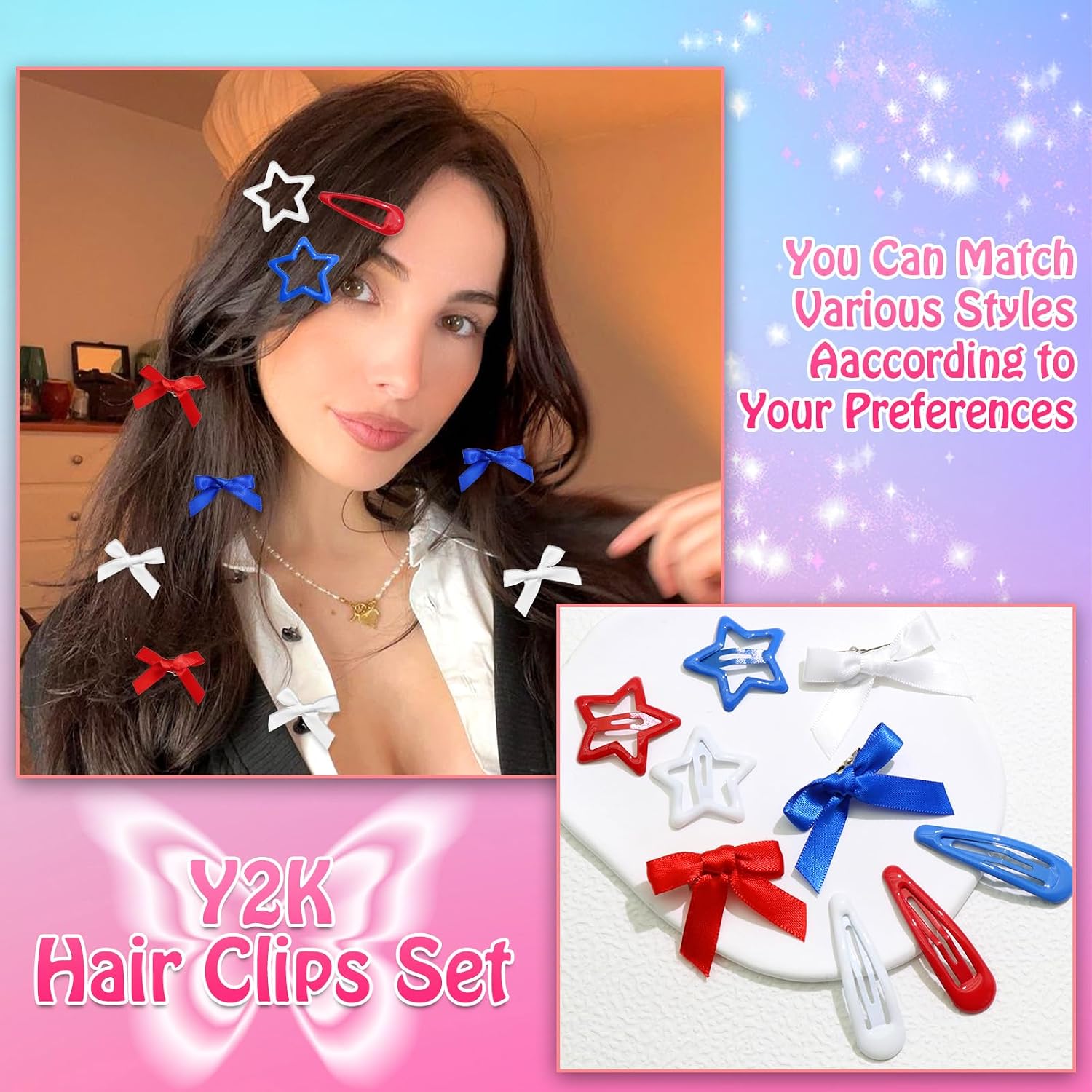 36Pcs 4th of July Red Blue White Bow Hair Clips Cheer Star Snap Hair Barrettes Water Drop No Slip Hair Clips for Women Small Hair Bows Star Bowknot Hair Accessories for Girls image 3