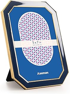 Axeman 5x7 Enamel Picture Frames with Tempered Glass|5 x 7 Modern Octagon Photo Frame with Gold Metal Edge Velvet Back for Tabletop and Wall Mount Display for Shelf & Desk, Navy Blue
