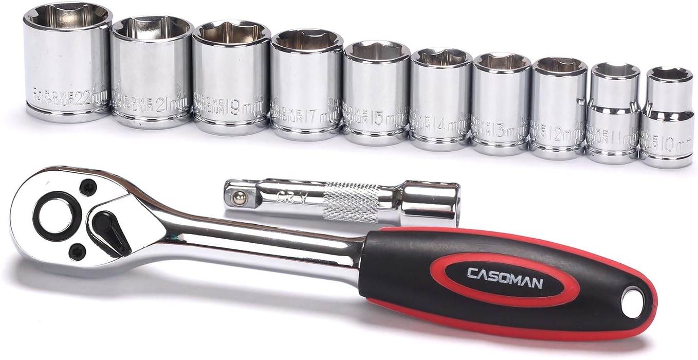 CASOMAN 3/8-Inch Drive Socket Set with Ratchet Wrench Set, 12-Piece 3/8" Cr-V Metric Sockets Set