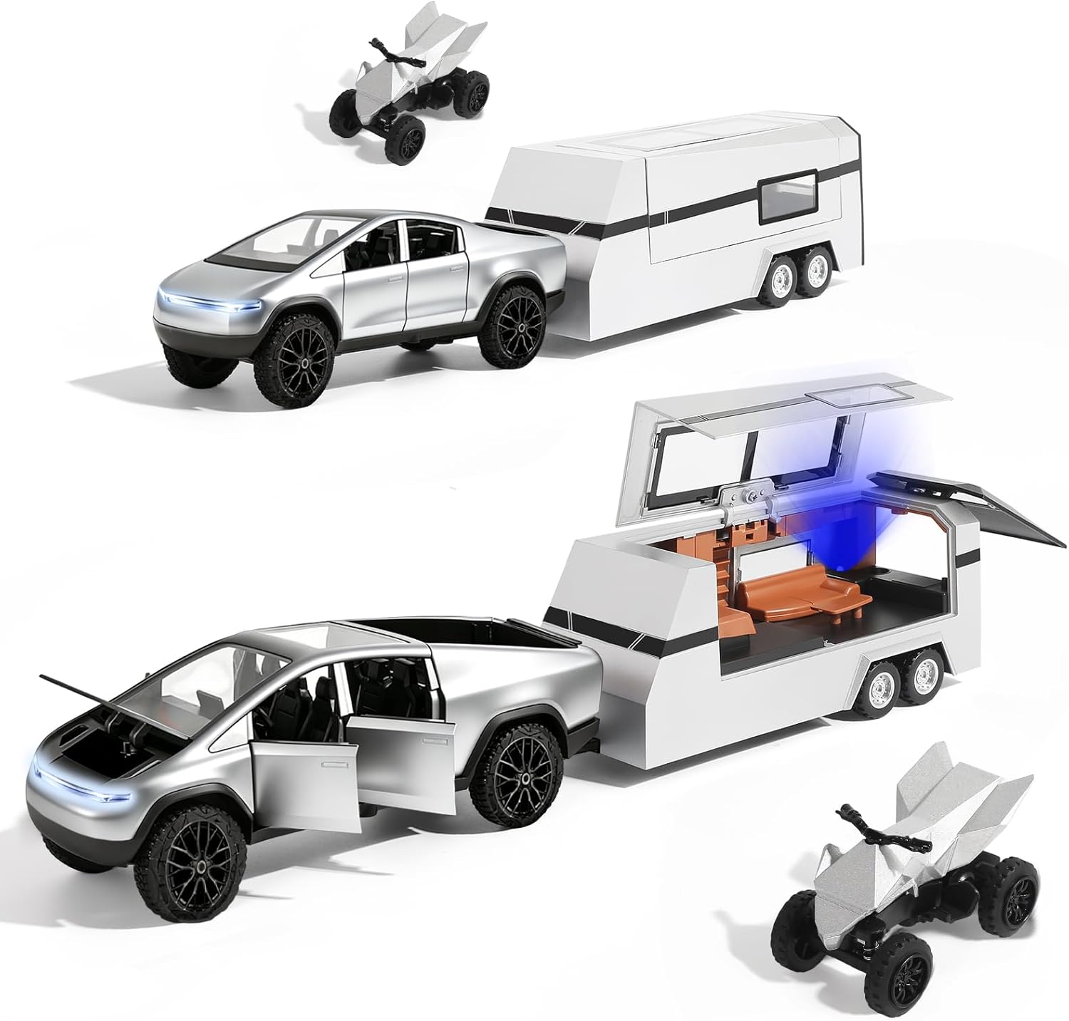 Alloy Diecast Toy RV with Mars Pickup Trailer – Pull Back Truck Toy with Realistic Lights & Sounds, Camping Vehicle Set for Boys, Kids & Adult Collectors (Silver)