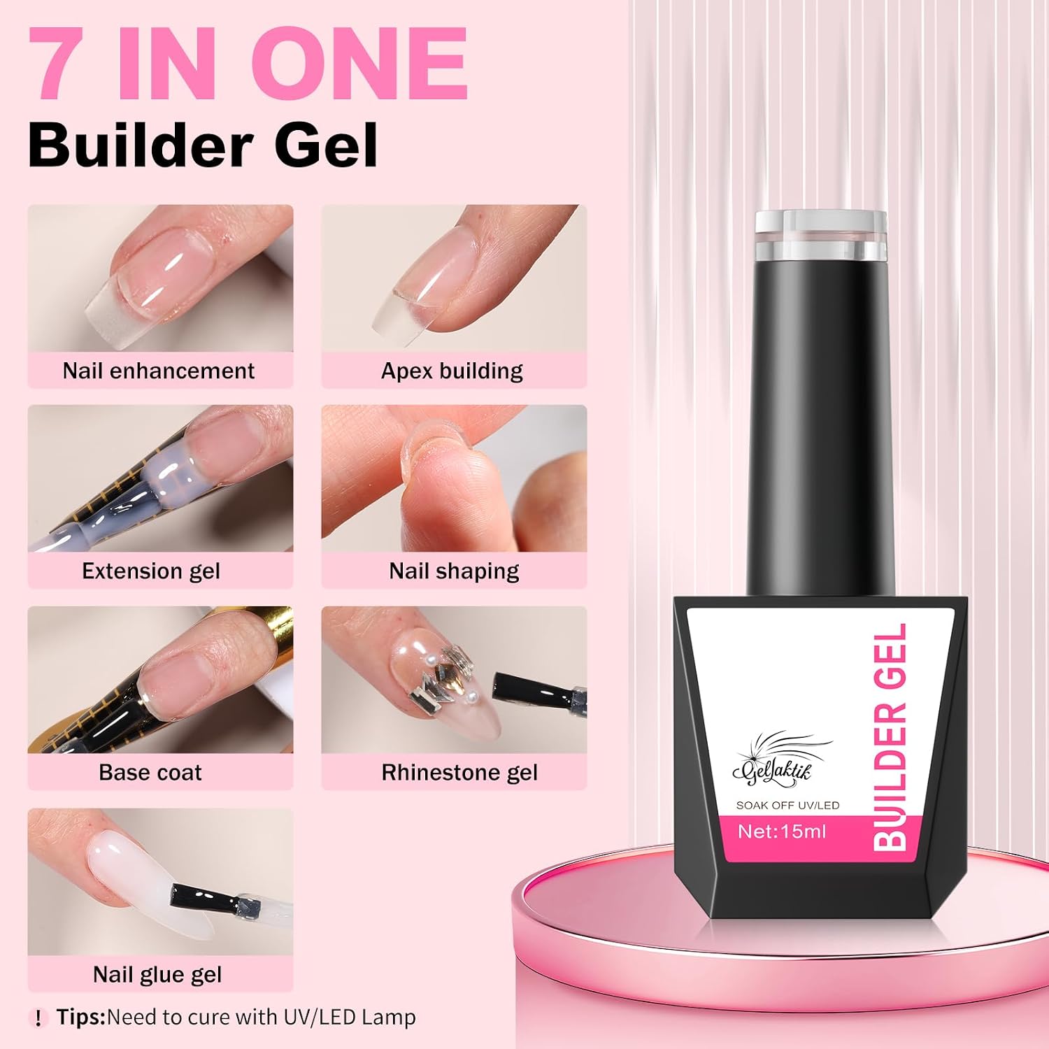 Builder Gel for Nails, 4X15ml 7 in 1 Builder Gel Nail Polish, LED Lamp Cured for Clear Rubber Base & Strengthener Extensions, Thickening, Repair (Clear, White, Nude, Pink)