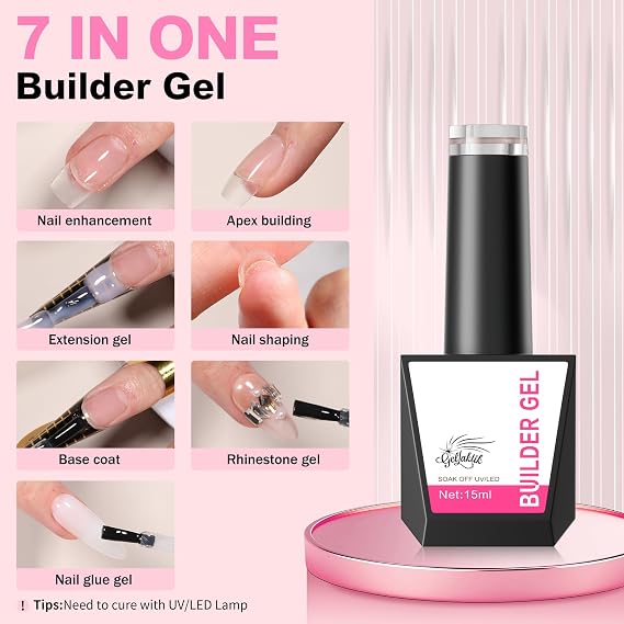 Builder Gel for Nails, 4X15ml 7 in 1 Builder Gel Nail Polish, LED Lamp Cured for Clear Rubber Base & Strengthener Extensions, Thickening, Repair (Clear, White, Nude, Pink)