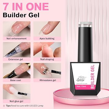 Builder Gel for Nails, 4X15ml 7 in 1 Builder Gel Nail Polish, LED Lamp Cured for Clear Rubber Base & Strengthener Extensions, Thickening, Repair (Clear, White, Nude, Pink)