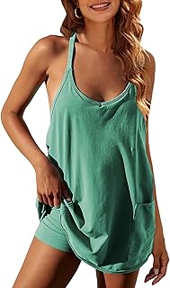 Women's Summer Sleeveless Mini Dress V Neck Spaghetti Straps Athletic Built-in Shorts Sundress - Buy now