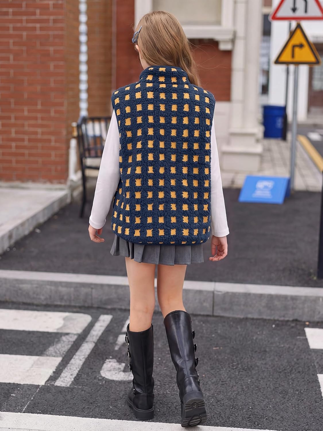 Haloumoning Girls Checkered Sherpa Vest Zip Up Sleeveless Jacket Outerwear