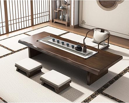 Tatami Pine Solid Wood Tea Table and Chair Set - Natural Wood Tea Table*1 + Low Chair*1 + Stool*2,Low Table,Low Coffee Table,Tea Table,Floor Table,Balcony Low Table,for Living Room, Tatami