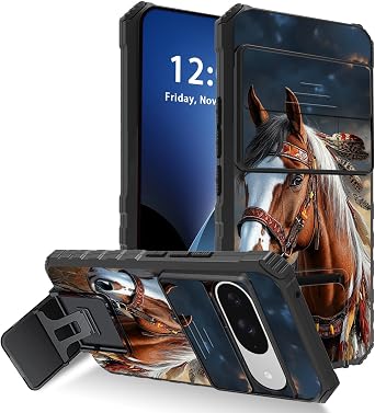 for Google Pixel 9/9 Pro Case with Slide Camera Cover Kickstand, Soft Tup and Hard PC Dual-Layer Protective Phone Case for Google Pixel 9/9 Pro, War Horse Military Grade Phone Cover