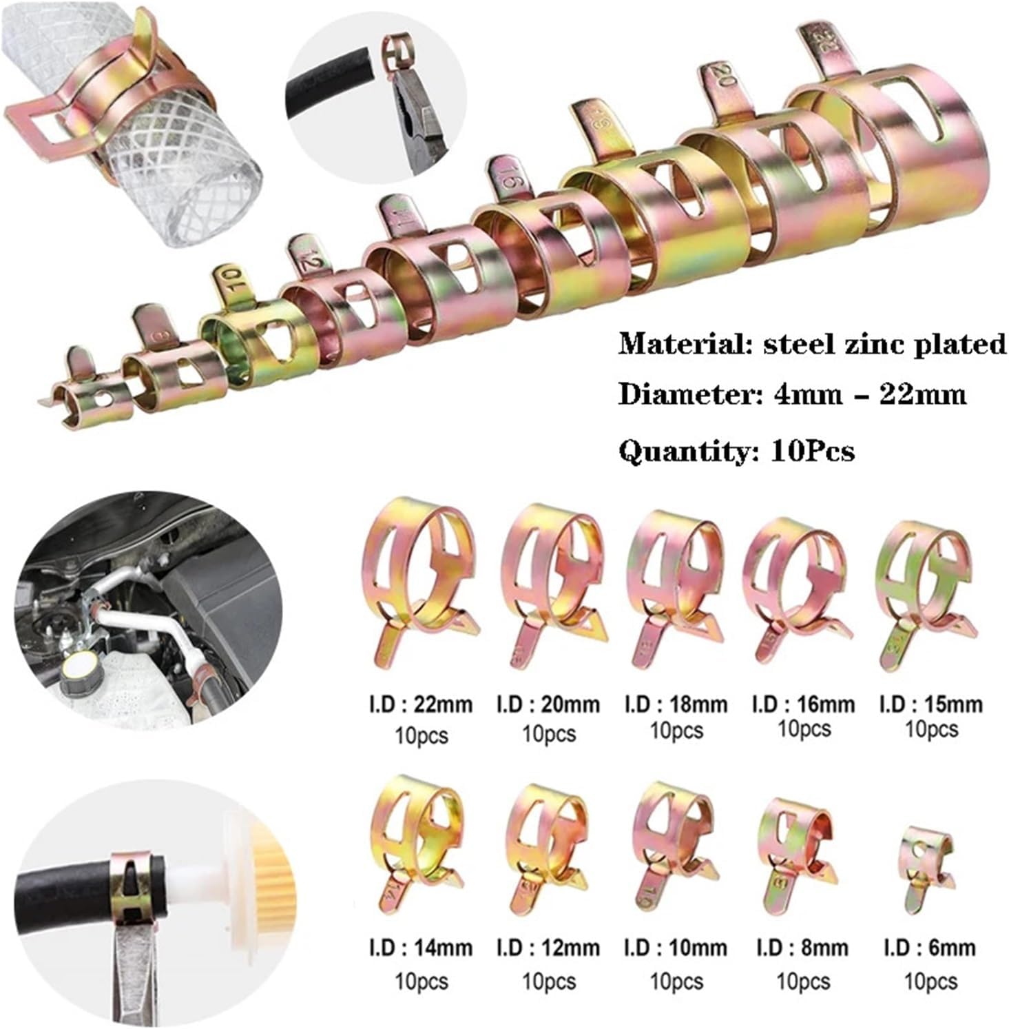 10Pcs 4mm-22mm compatible Choose Fuel Spring Clip Vacuum Silicon Hose Clamp Autos Spring Clip Fuel Oil Water Hose Pipe Tube Clamp(ID 5mm)