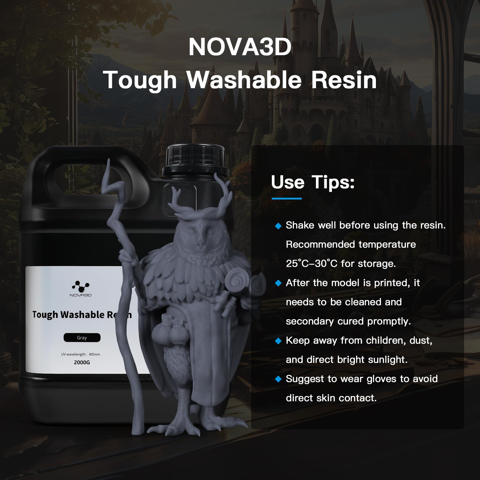 NOVA3D Resina resistente lavabile in ABS, resina fotopolimerica ad alta resistenza per stampa 3D, asciugatura rapida UV 405 nm, per stampanti 12K/14K/LCD/DLP/SLA, basso odore (grigio, 2 kg)