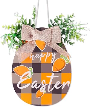 Happy Easter Door Sign, Egg-Shaped Wooden Decor, Welcome Wall Hanging with Bow & Leaves, Festive Spring Holiday Home Decoration