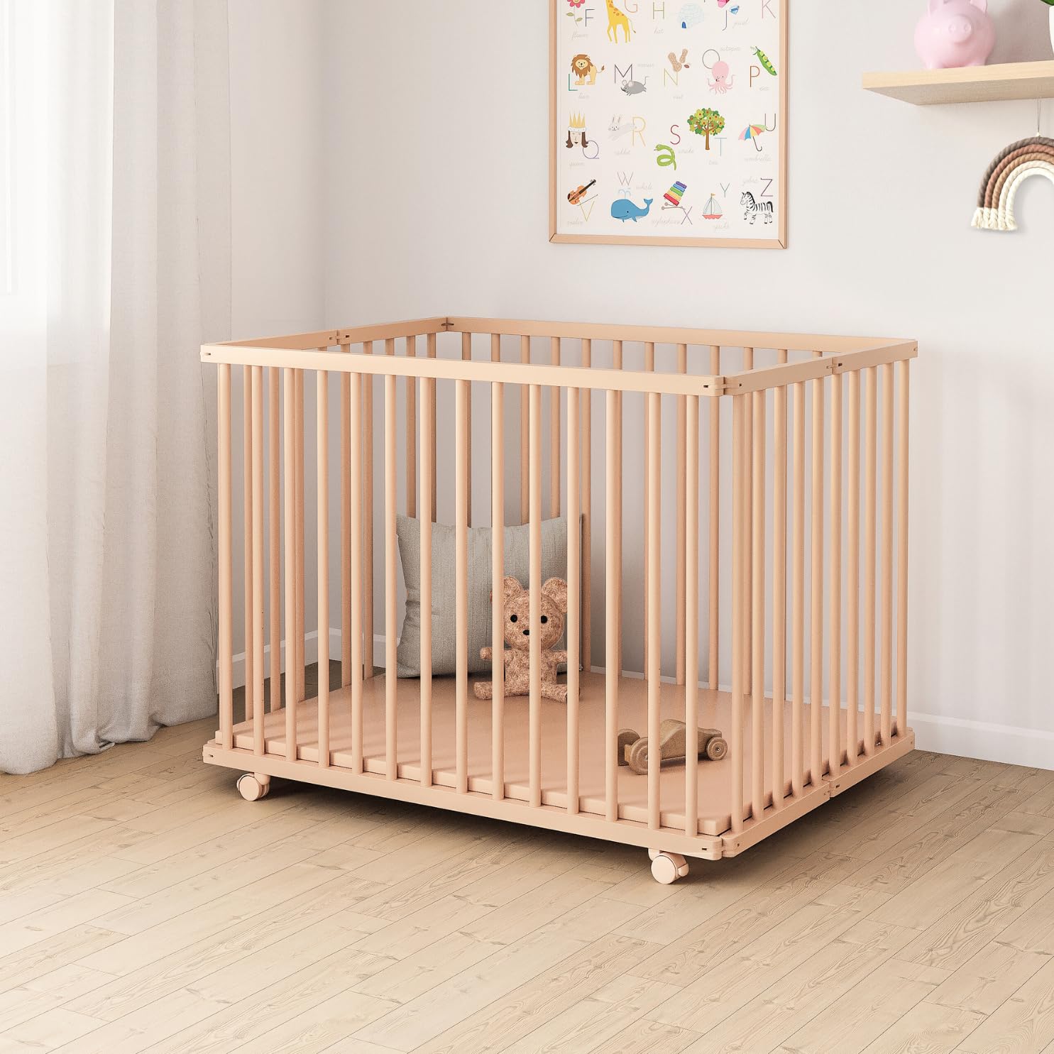 Mokee Ezee Playpen with Adjustable Base and Lockable Wheels - Foldable Wooden Baby Play Pen for 0 to 24 Months - Solid Natural Beechwood 100 x 75cm (Natural Beech with Base and Wheels)