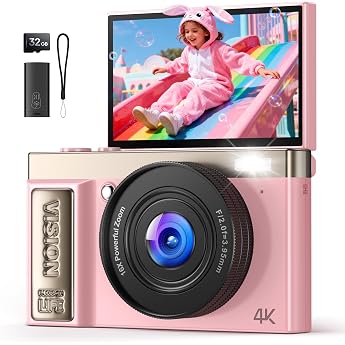 Digital Camera 4K 64MP Camera Photo Camera Pink Digital Camera for Vlog - Digital Camera Auto Focus - Vintage Photo Camera Children - Gifts for Teenagers Boys Girls 10-18 Years - 180  Folding Screen