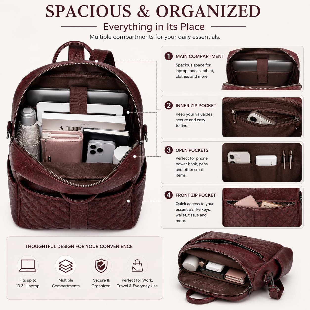 Craftwood Women's Quilted Leather Backpack, Burgundy Wine Color, Convertible Shoulder Bag, Dual Zipper Design, Vegan PU Material (Maroon) 4