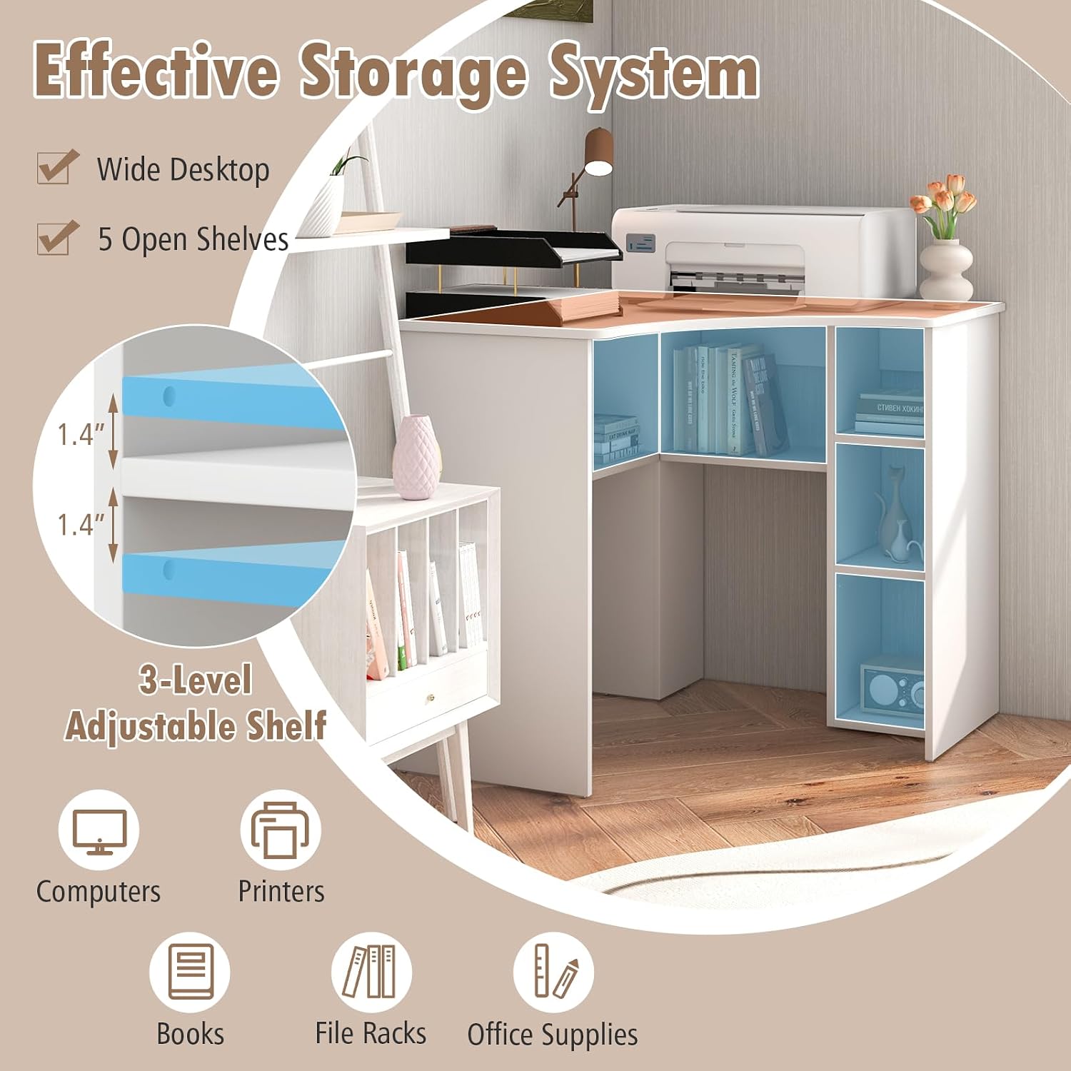 Small Corner Desk with Storage, Triangle Corner Gaming Desk with Adjustable Shelves, Compact Vanity Desk, L-Shaped Corner Computer Desk for Small Space, Bedroom, Living Room (White)
