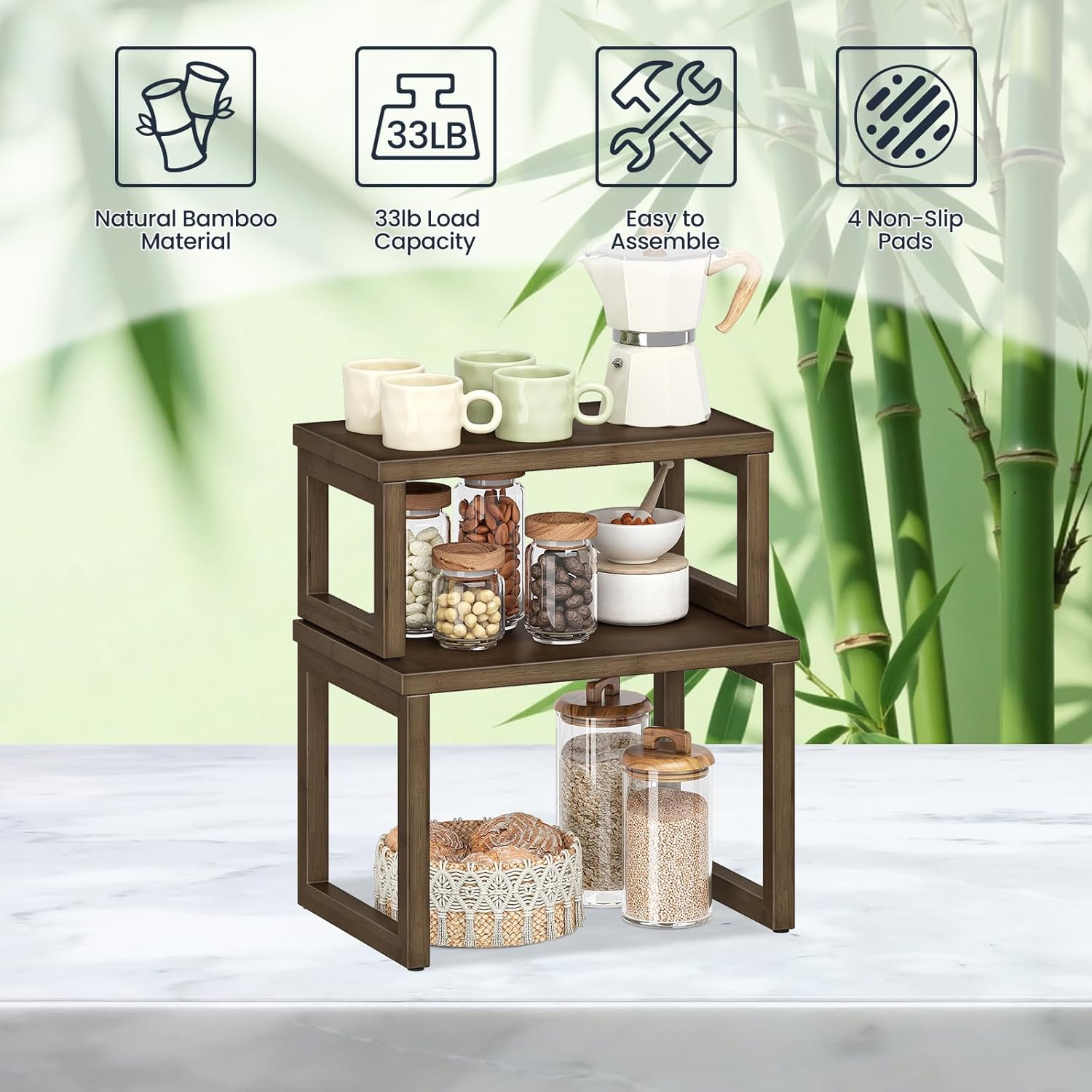 HOOBRO Cabinet Organizer Shelf, Set of 2 Kitchen Counter Shelves, Expandable Kitchen Storage, Stackable Bamboo Spice Rack, for Kitchen, Countertop, Office Desk, Living Room, Mocha MA20TL01