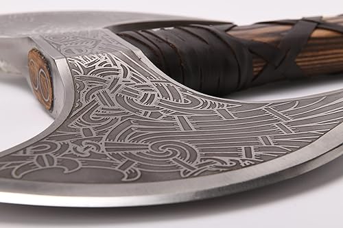 Vista 13 de Hacha barbuda vikingo auténtica, acero al carbono 1095, dureza RC 55-58, incluye cubierta de cuero, 21.6 pulgadas