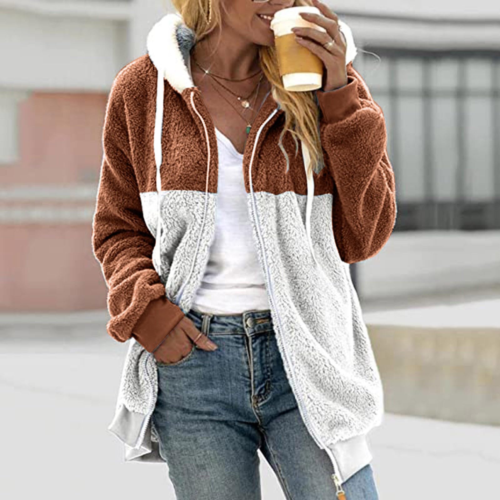 Generico Sudaderas Largas Algodón Mujer con Cremallera Sin Capucha - Top Blanco Mujer Elegante Oversize Hoodie Ligero Moda Térmica Felpa Suave con Bolsillos Cómodos Ropa Otoño Casa Al Aire Libre