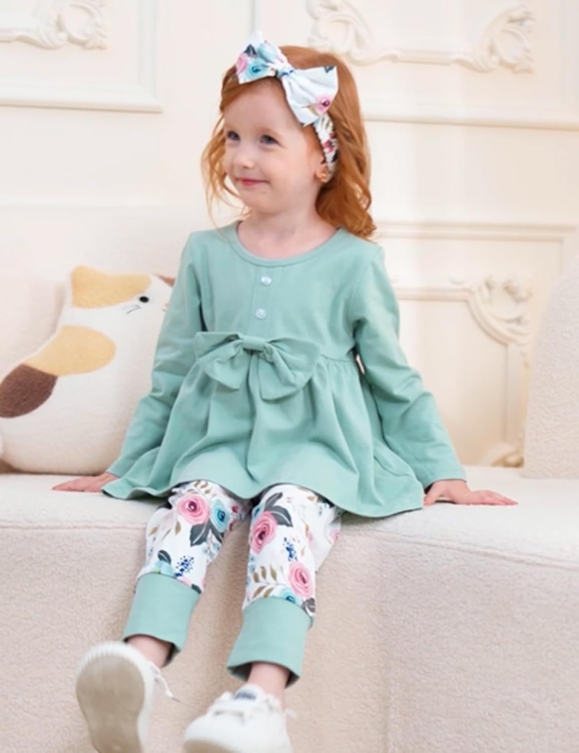oklady Toddler Baby Girl Clothes Solid Color Ruffle Tops Floral Pants with Headband Fall Winter Cute Girl Outfits image 3