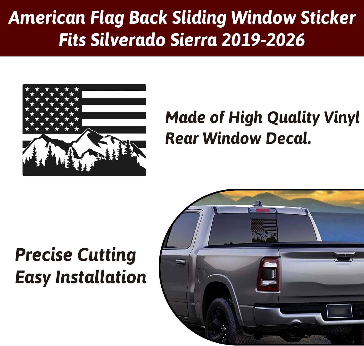 Zhizhong Rear Middle Window Decal Compatible with Chevy Silverado GMC Sierra 2019-2026, Back Sliding Window Glass Snow Mountain Tree Vinyl Sticker