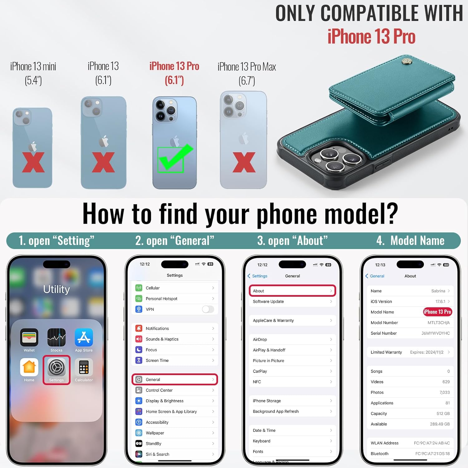 Compatible with Magsafe for iPhone 13 Pro Wallet Case Magnetic Card Holder, RFID Blocking 2 in 1 Detachable Kickstand Shockproof Case for Women Men, Bluish Green