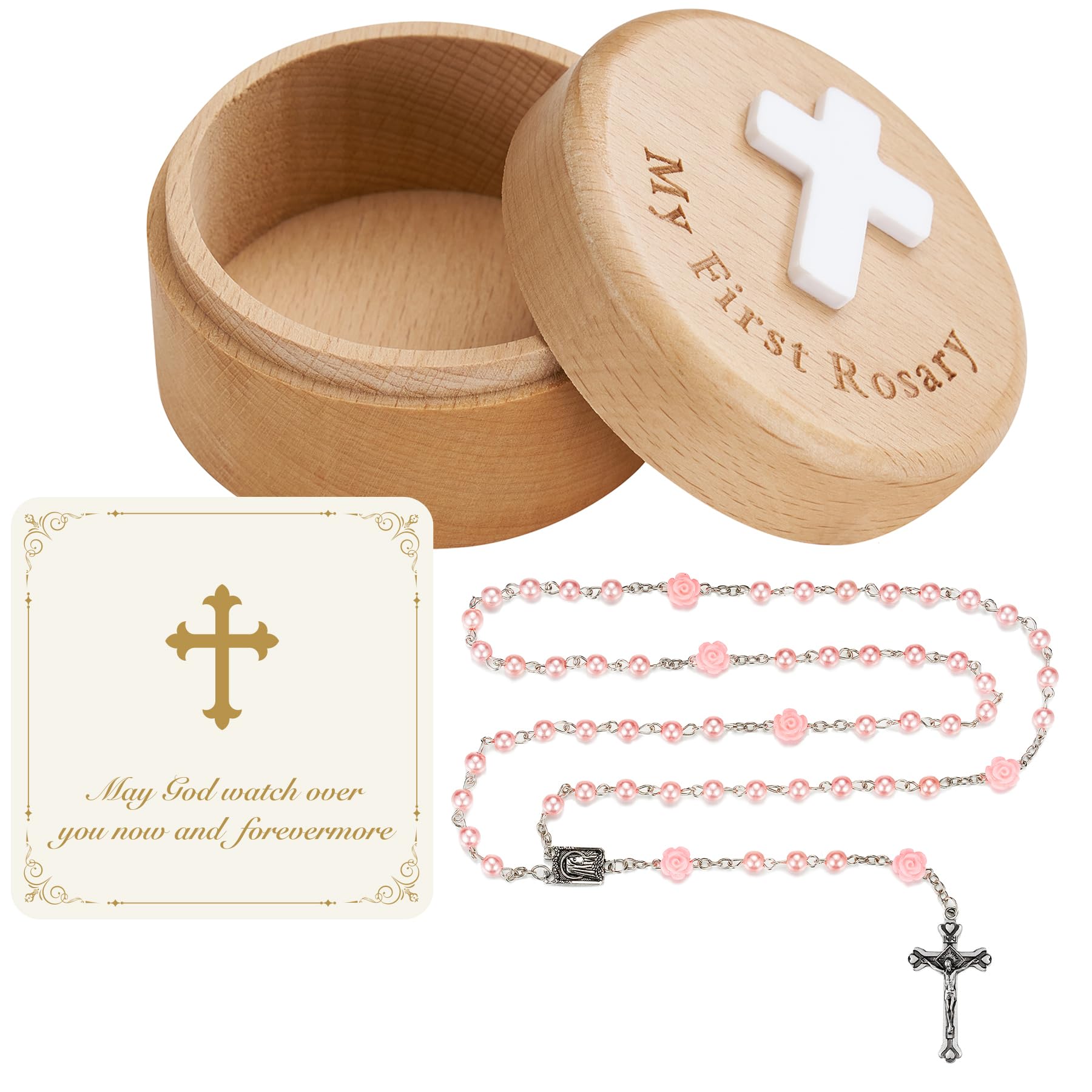 NORBU Baptism Gifts for Girl, My First Rosary with Ceramic Keepsake Box