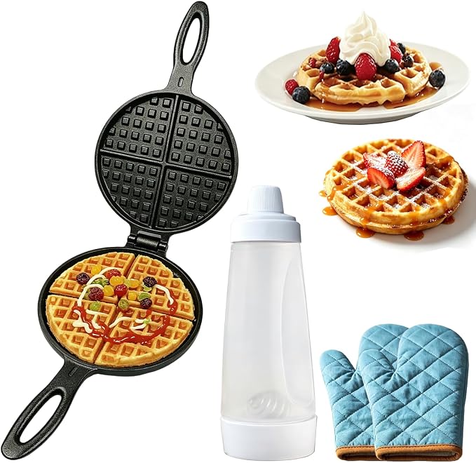 7'' Round Cast Iron Waffle Maker with Batter Dispenser and