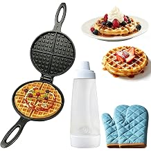 7 Round Cast Iron Waffle Maker with Batter Dispenser and Mitts