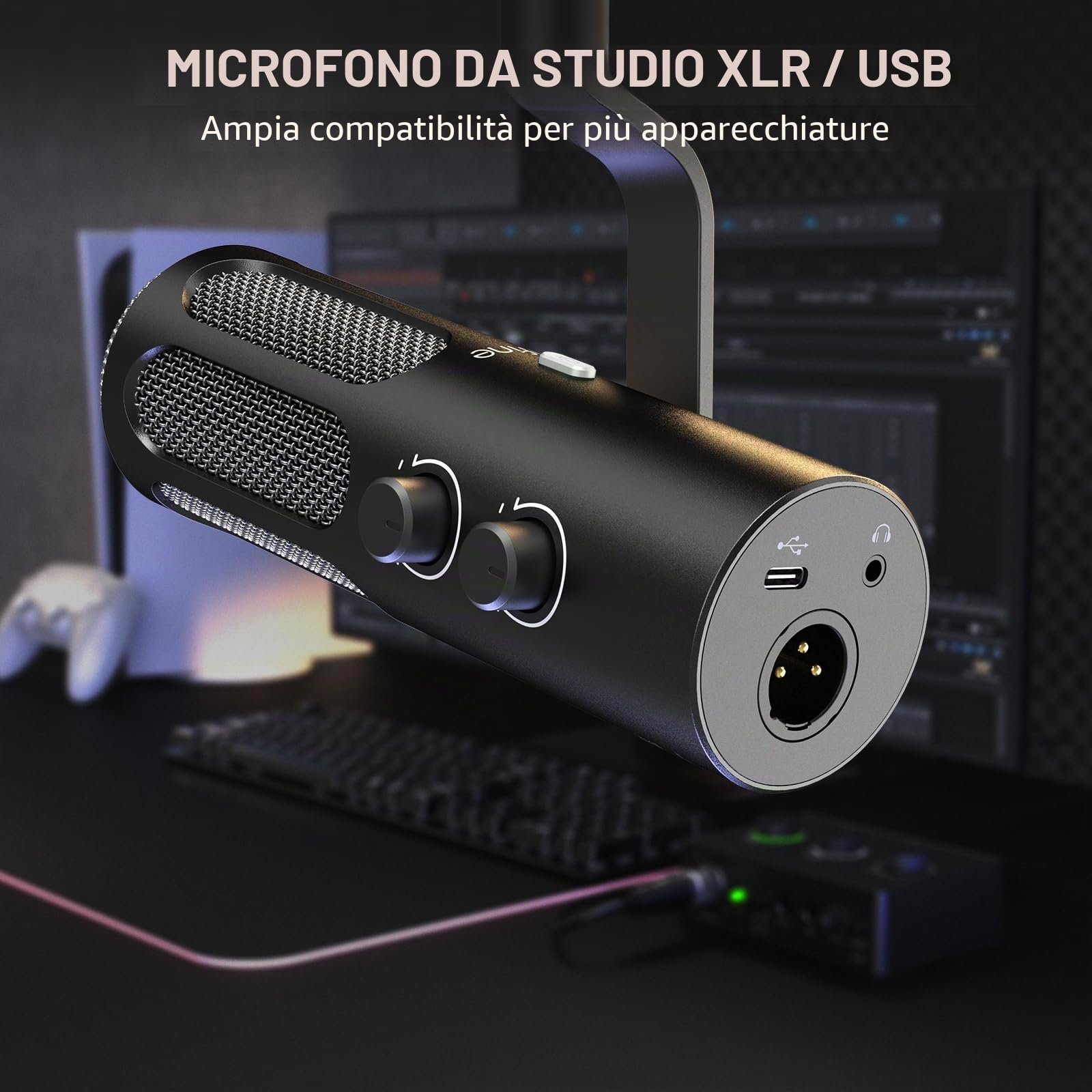 FIFINE Microfono XLR dinamico per registrazione in studio e podcast, trasmissione vocale, microfono XLR/USB in metallo con pulsante mute e jack per cuffie per mixer e PC