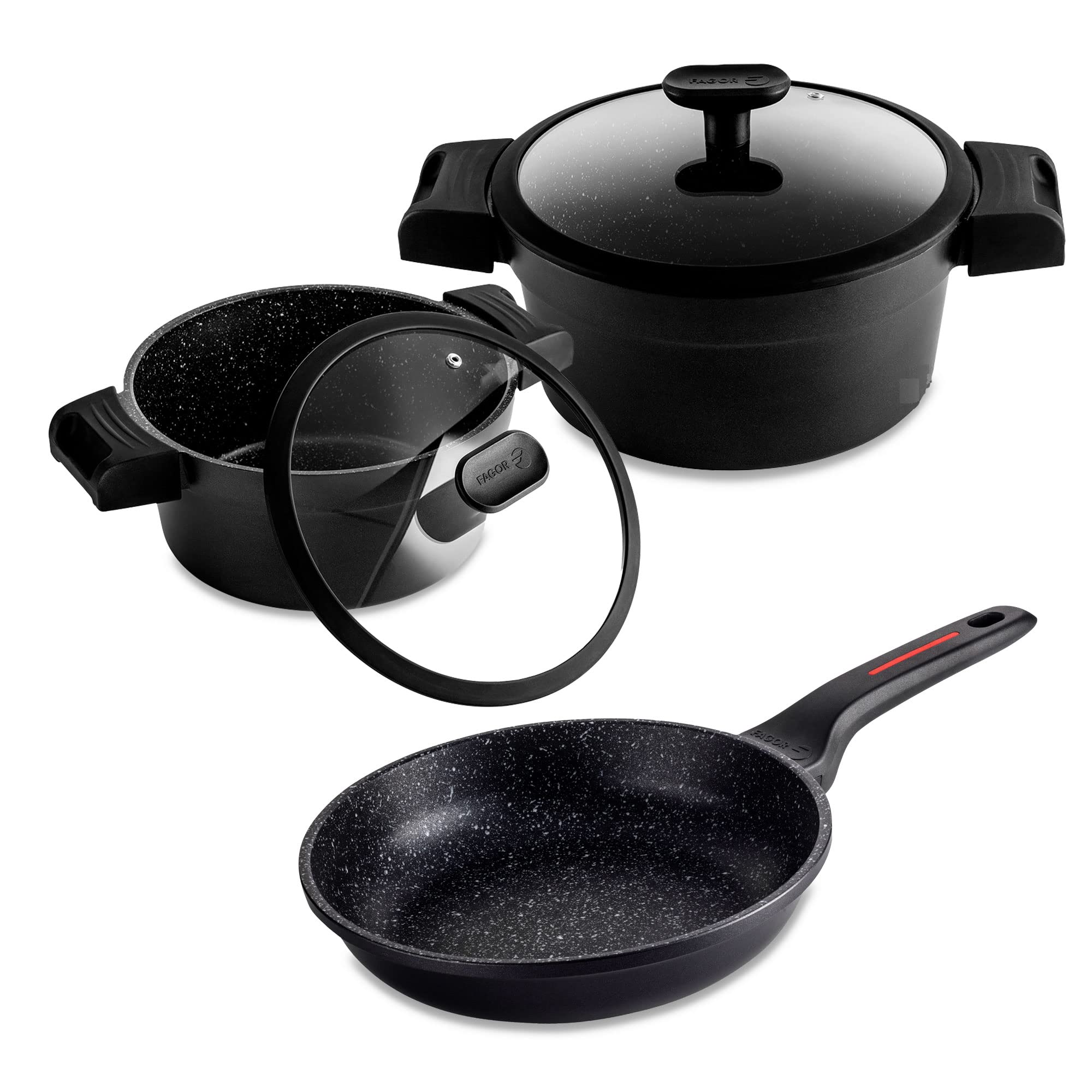 Fagor Alutherm Batería Cocina Inducción 5 Piezas Set 2 Cazuelas 20-24 cm, 2 Tapas Cristal, Sartén 24 cm, Aluminio Fundido, Antiadherente Ecológico sin PFOA, Apta Todas Las Cocinas