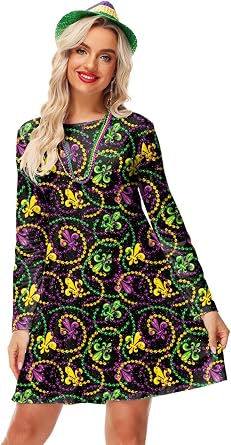 Women St Patricks Dress Long Sleeve Mardi Gras Holiday Printed A Line Dresses with Pockets