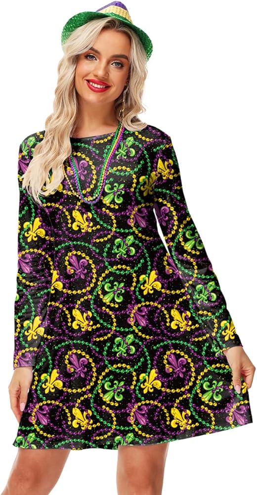 green emerald velvet dress Mardi Gras Dress for Womens Party Fleur De Lis Purple Green Gold Bead  Carnival Feitival Outfit Dress S at Amazon Women's Clothing store