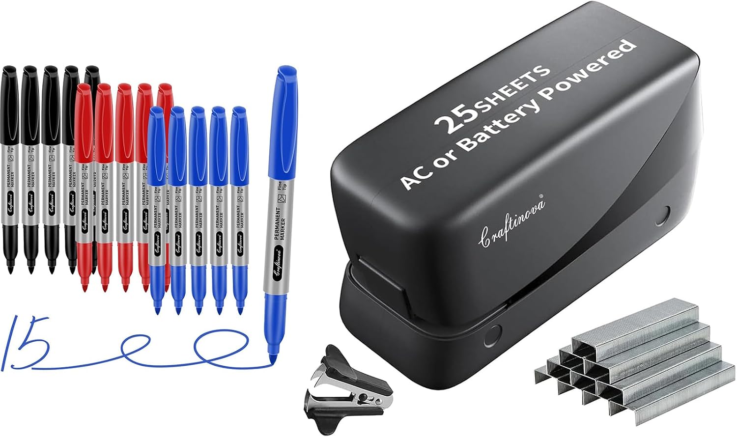 Blue Permanent Markers and Electric Stapler, 25 Sheet Automatic Stapler