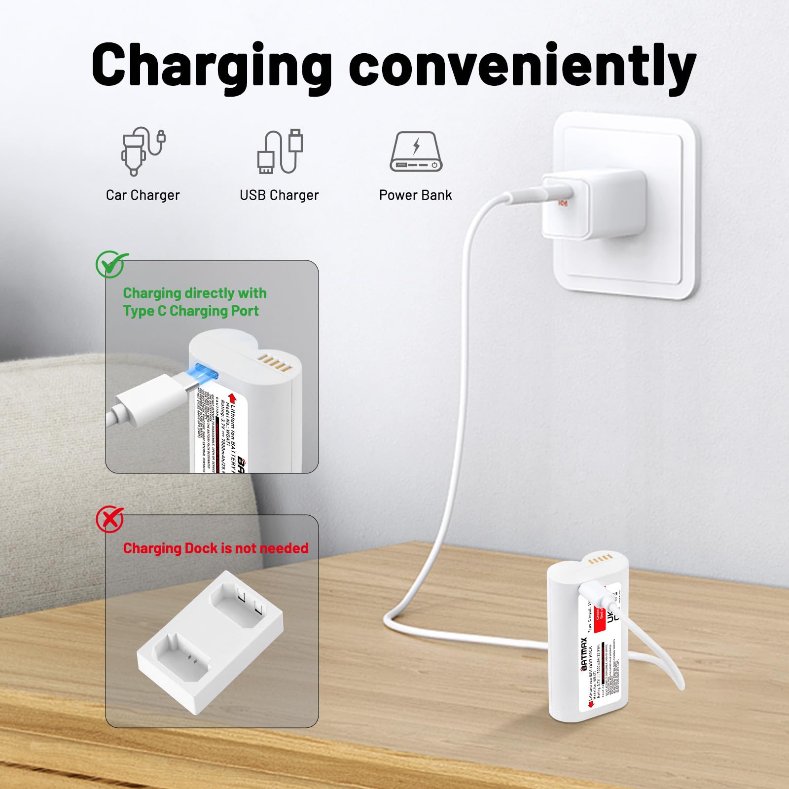 Batmax 2 baterías recargables WBAT1 de carga USB-C integradas para cámara WYZE Cam Pro