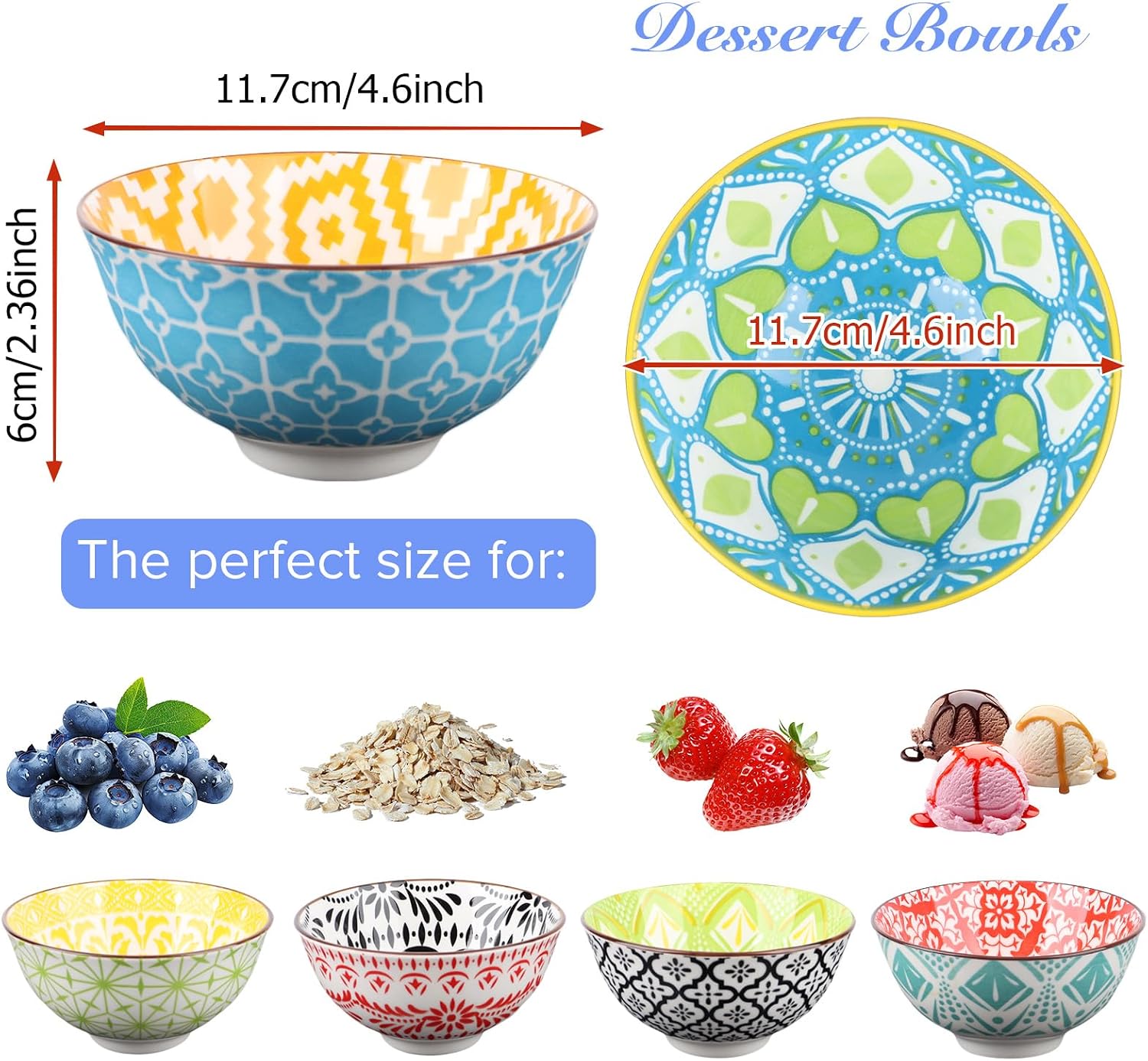 4.6inch Boho Ceramic Salad Bowl Set of 6, Colorful Porcelain Kitchen Soup Serving Bowls Dessert Bowls Set for Cereal, Soup, Fruit, Pasta, Rice, Oatmeal, Ramen, Cereal, Snack