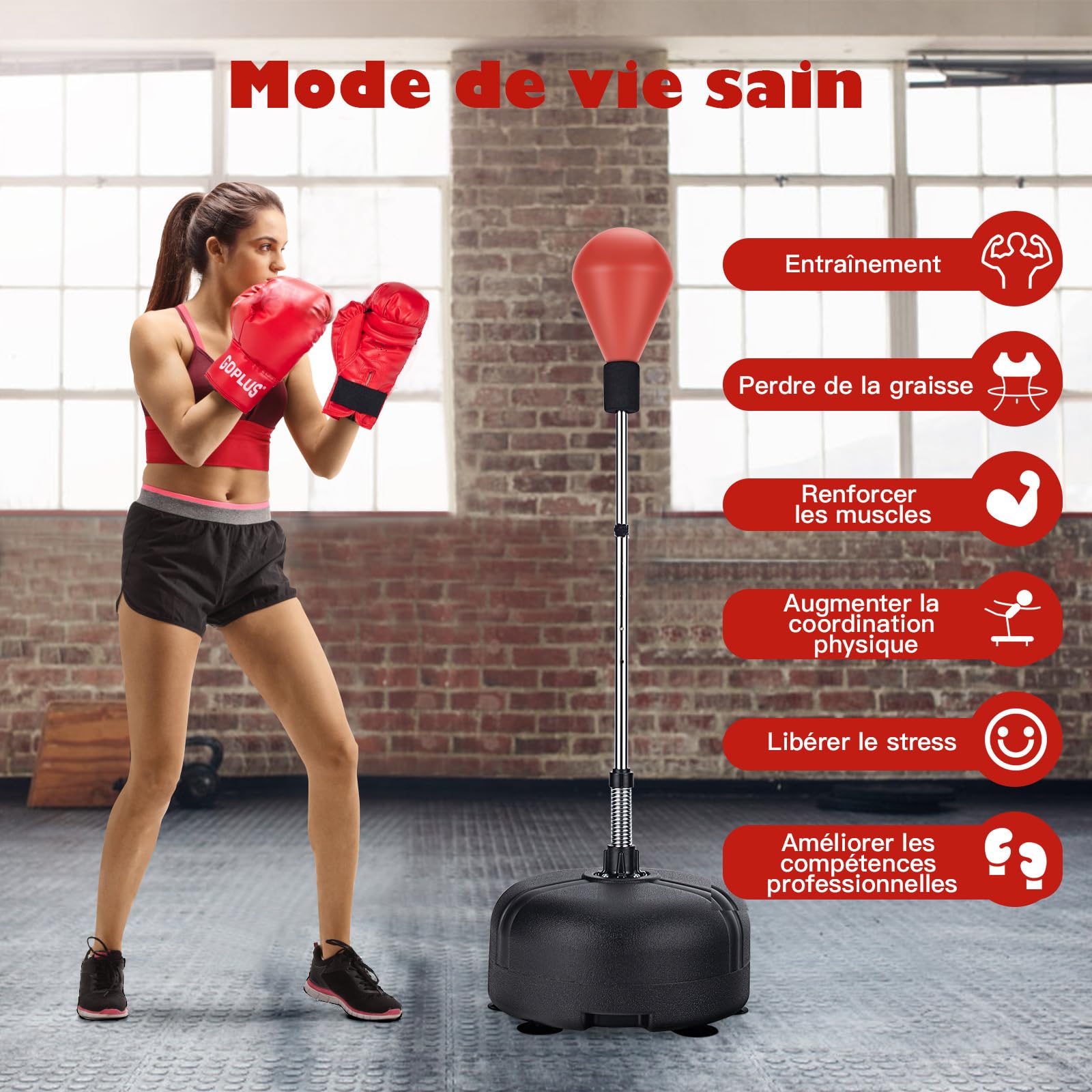 COSTWAY Punching Ball sur Pied Réglable avec Gants Sac de Frappe Boxe Base Lesté avec Ventouses