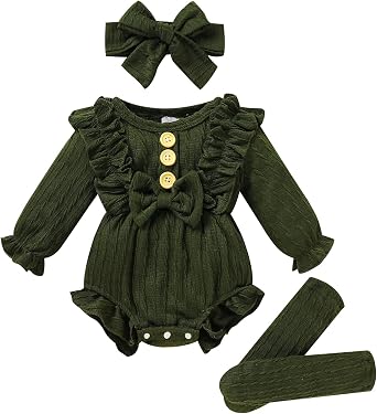 GRNSHTS Newborn Baby Girl Clothes Ruffle Solid Sweater Long Sleeve Romper+Hairband+Socks 3Pcs Fall Winter Outfits