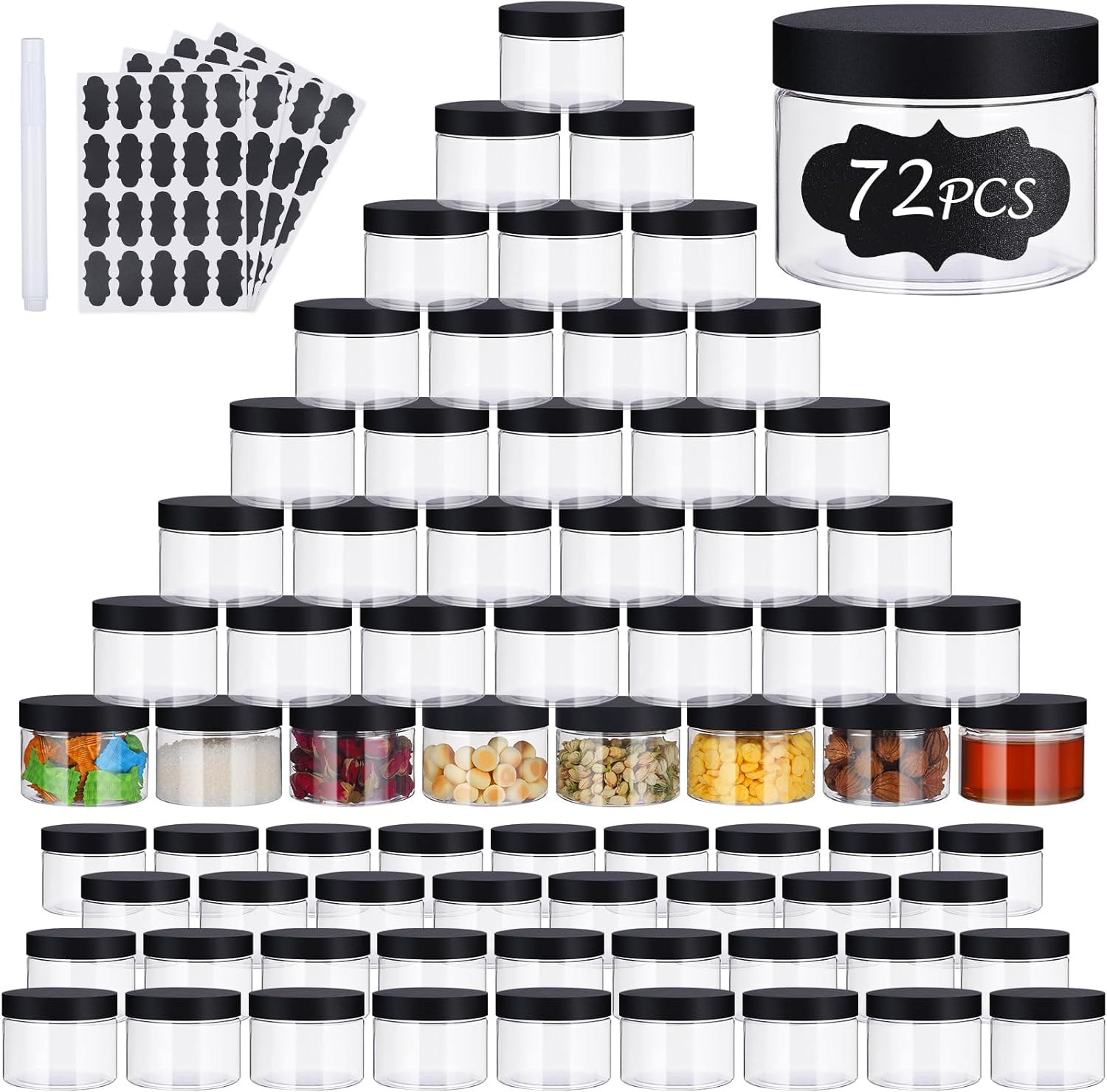 sietpoek 72 PCS 4 OZ Plastic Jars with Screw On Lids,Labels Refillable Empty Round Slime Cosmetics Containers for Storing Dry Food, Honey Jam, Cream, Butter, Lotion, black