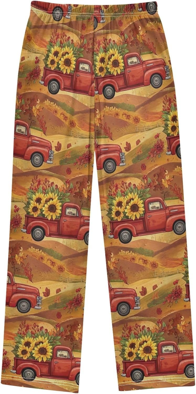 Autumn Vintage Truck Sunflowers Pajama Pants, Soft Modal Lounge Pants for Fall with Elastic Waist and Pockets